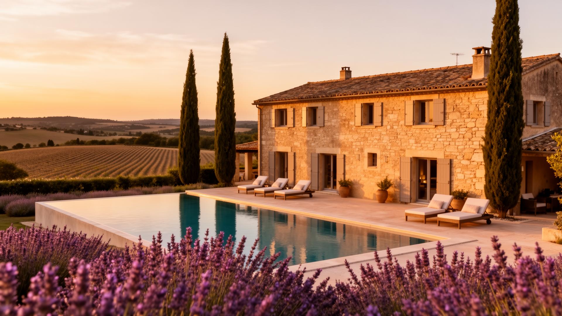 Villa Elara au coucher du soleil, piscine et lavandes en Provence