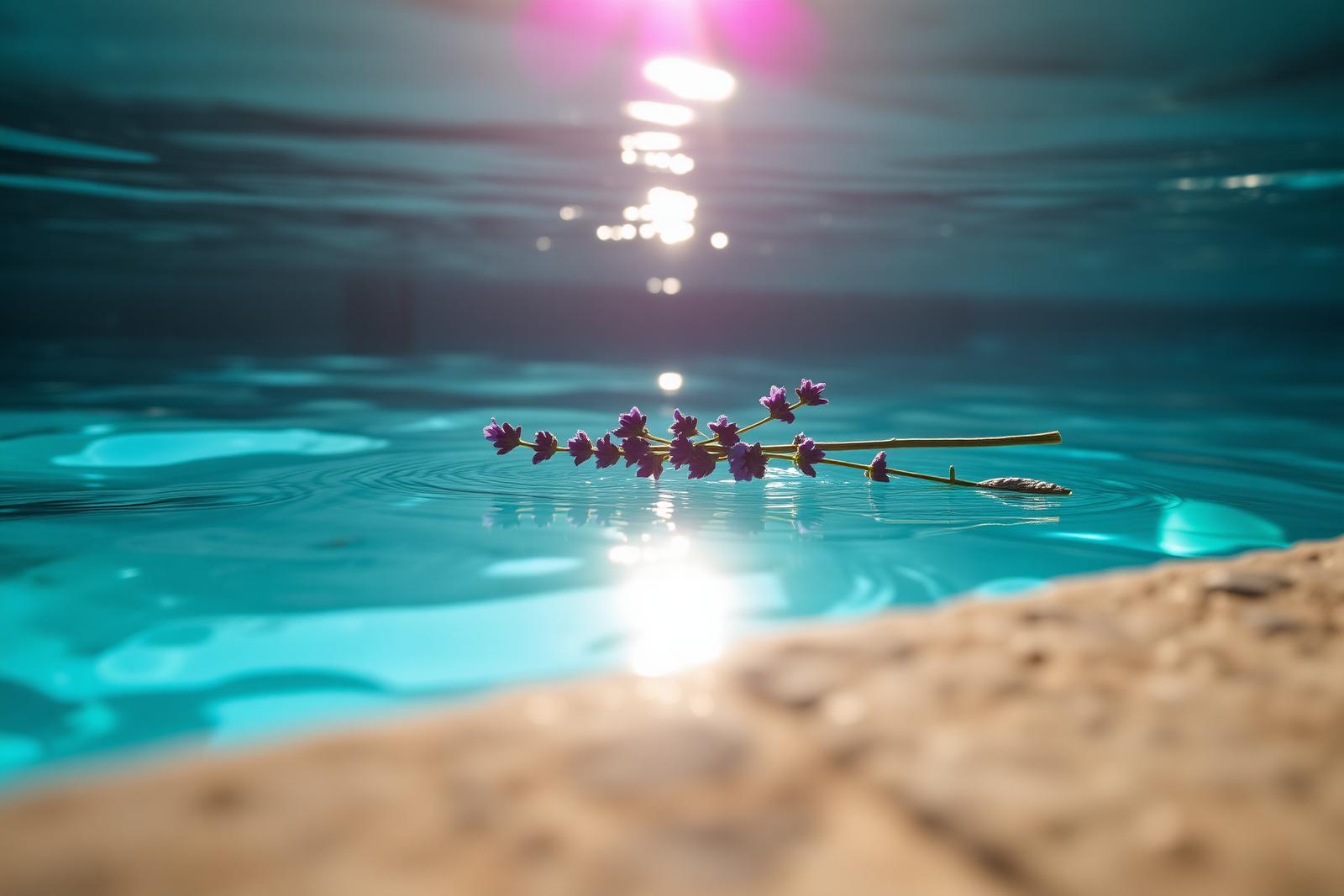 Détail de l'eau de la piscine et brin de lavande