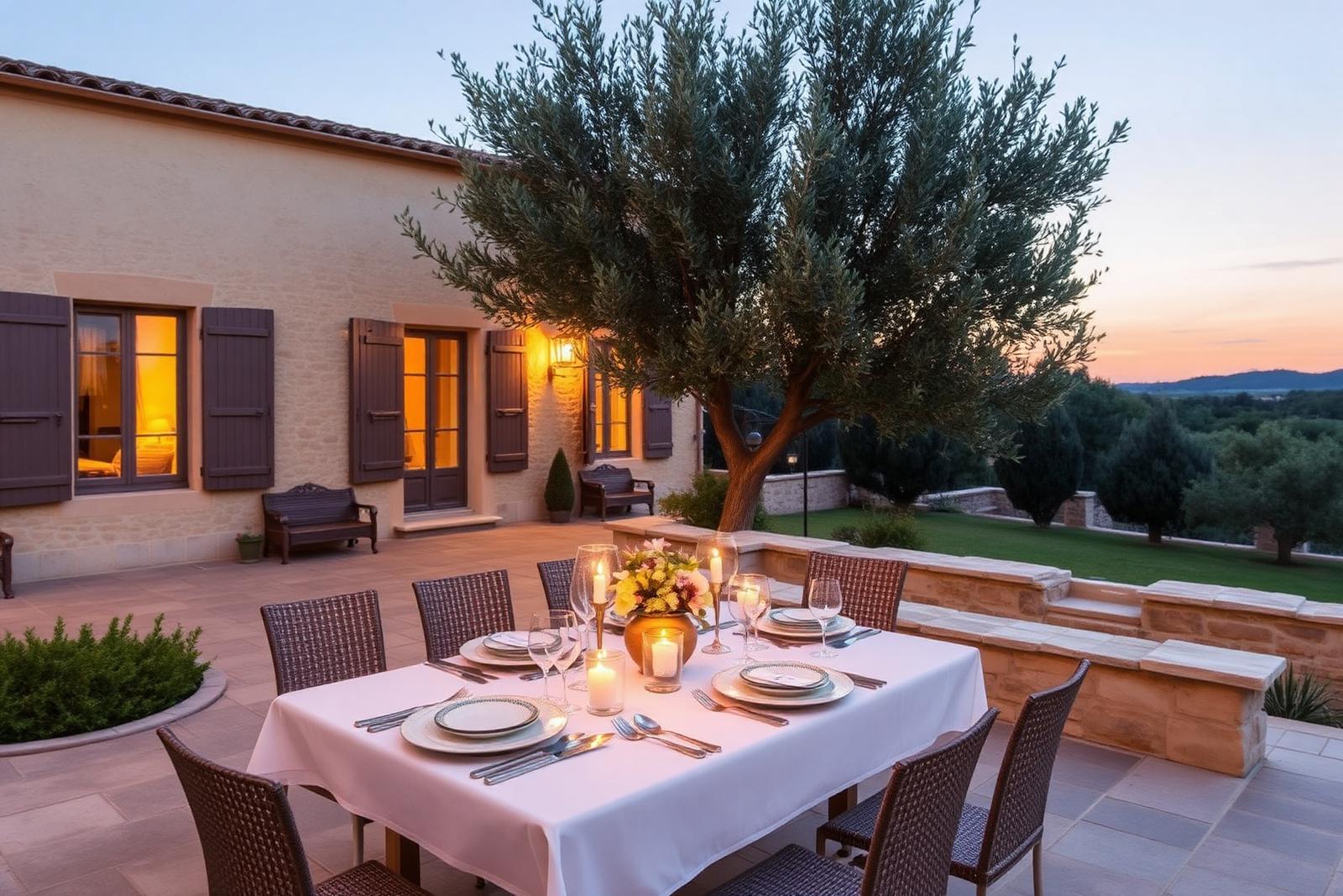 Table dressée sur la terrasse au crépuscule